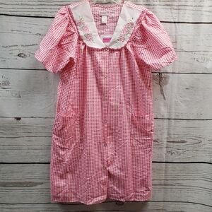 Betsy TW Lg Pink Gingham Checked Robe House Coat Dress Sleepwear Cottagecore New